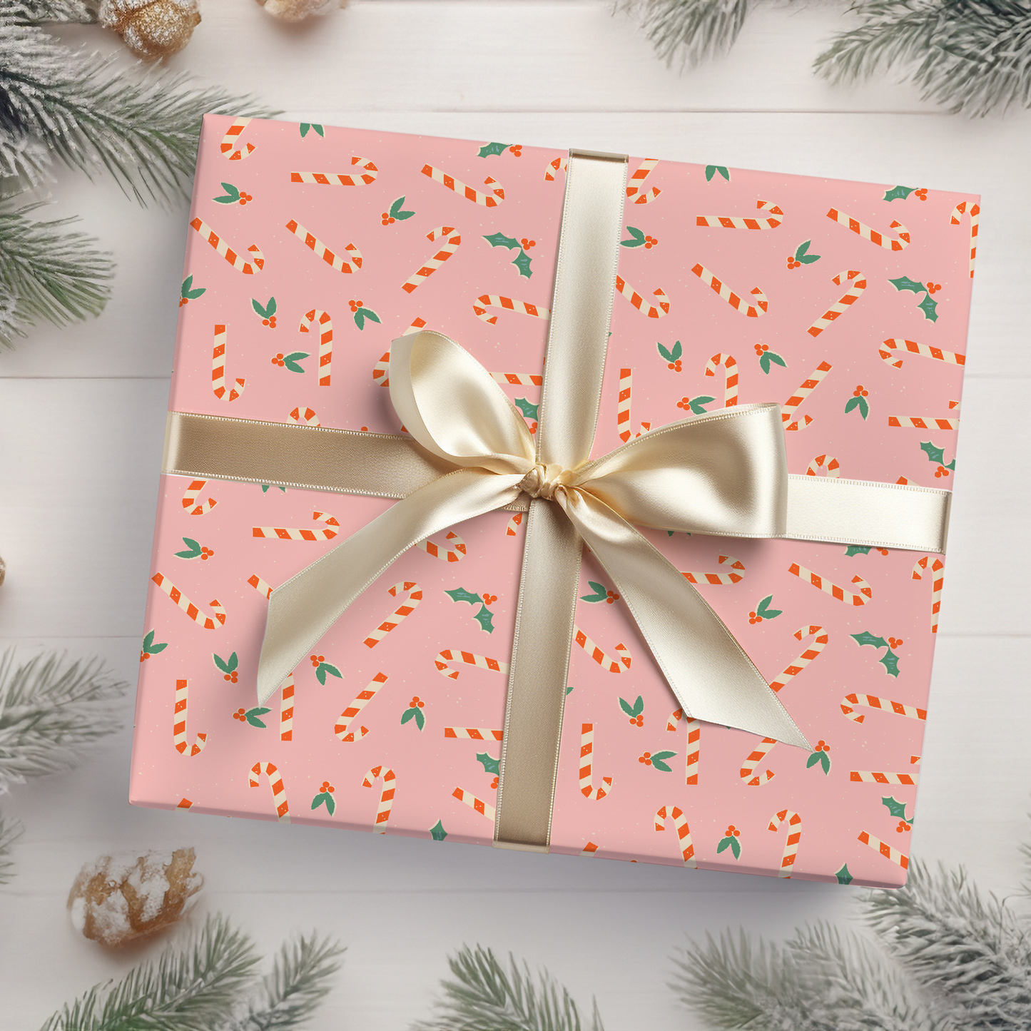 Pink Candy Canes and Mistletoe | Wrapping Paper