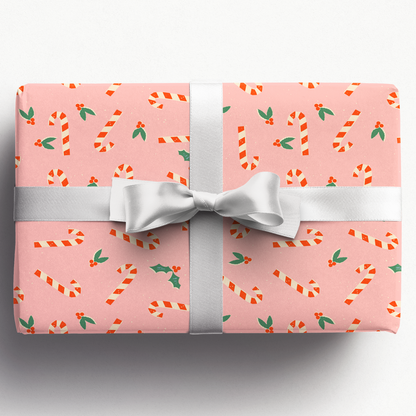 Pink Candy Canes and Mistletoe | Wrapping Paper