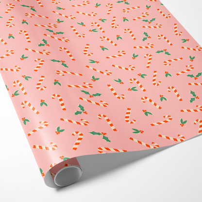 Pink Candy Canes and Mistletoe | Wrapping Paper