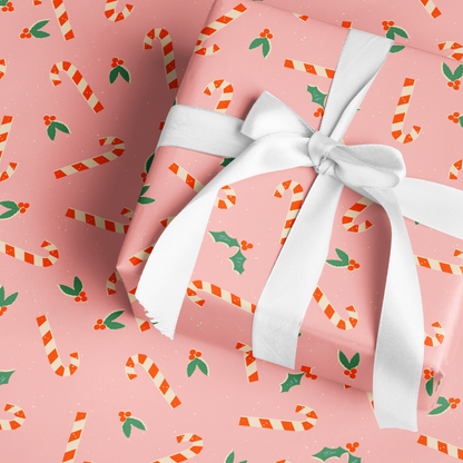 Pink Candy Canes and Mistletoe | Wrapping Paper