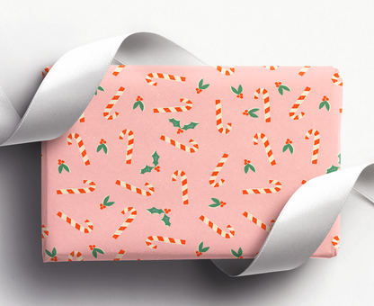 Pink Candy Canes and Mistletoe | Wrapping Paper